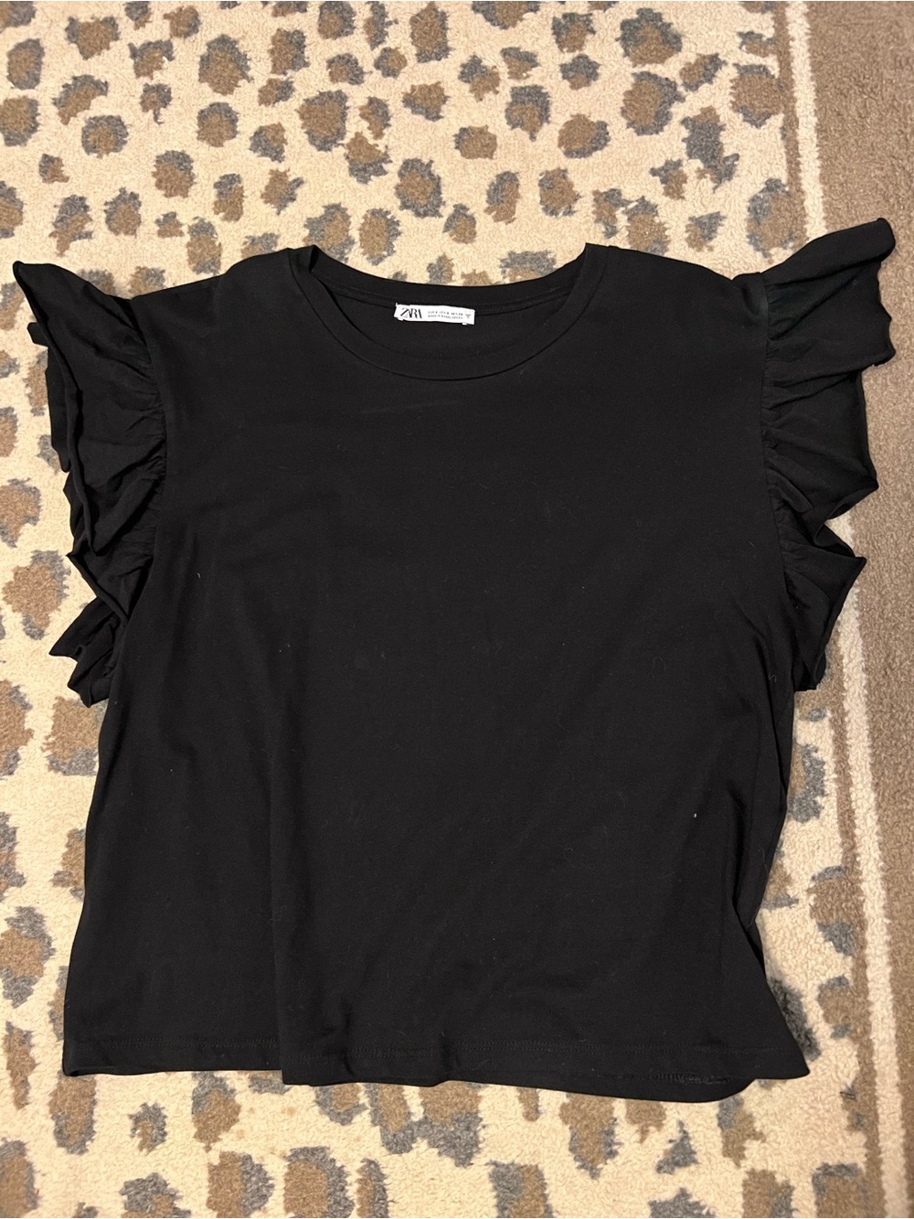 Zara Black Short Sleeve Ruffle-Sleeve Tee